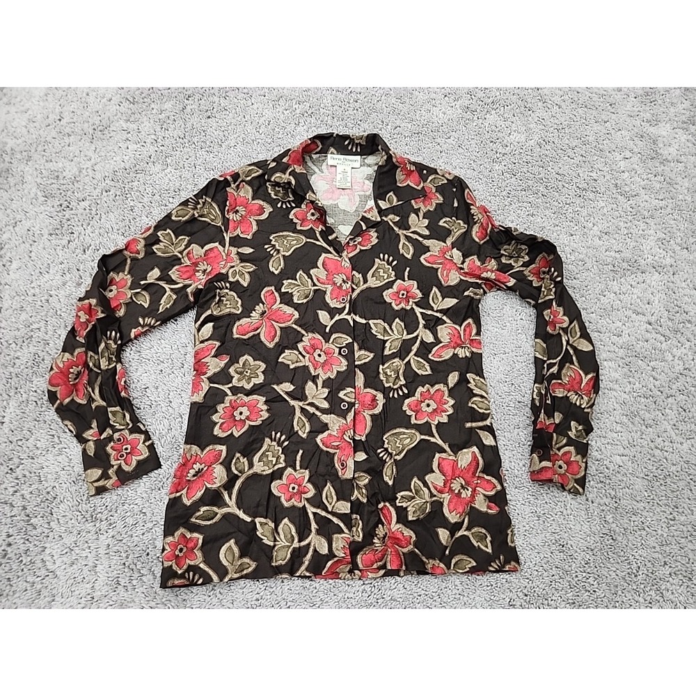 Vintage Rena Rowan for Saville Shirt Womens 6 Brown Floral Button Up Classic